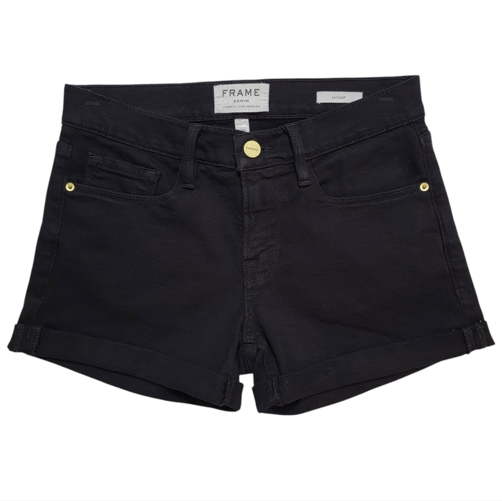 Frame | Le Cutoff Cuffed Jean Denim Shorts in Noir Black Mid-Rise Stretch